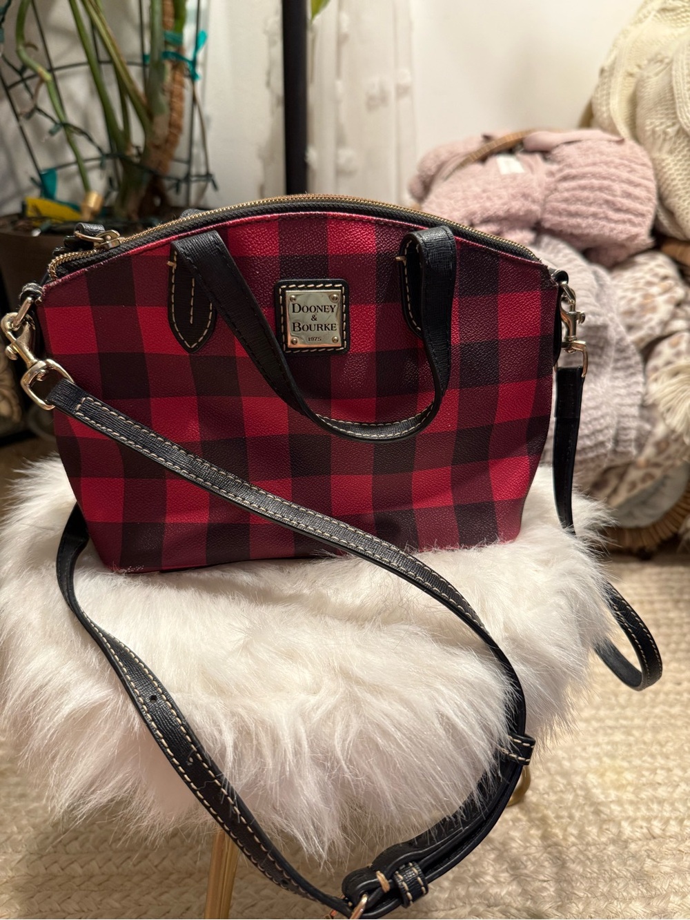 Dooney & Bourke Red and Black Plaid Crossbody Satchel